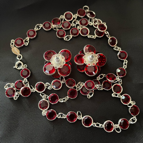 Rafaelian Open Bezel Set Crystal Red Chiclet Necklace and Earrings Set NOS - Picture 3 of 16